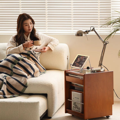 Traditional Japanese Cherry Wood & Stainless Steel Mobile Rectangular Nightstand 3-Tier For Bedroom