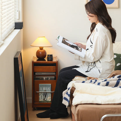 Traditional Japanese Cherry Wood & Stainless Steel Mobile Rectangular Nightstand 3-Tier For Bedroom