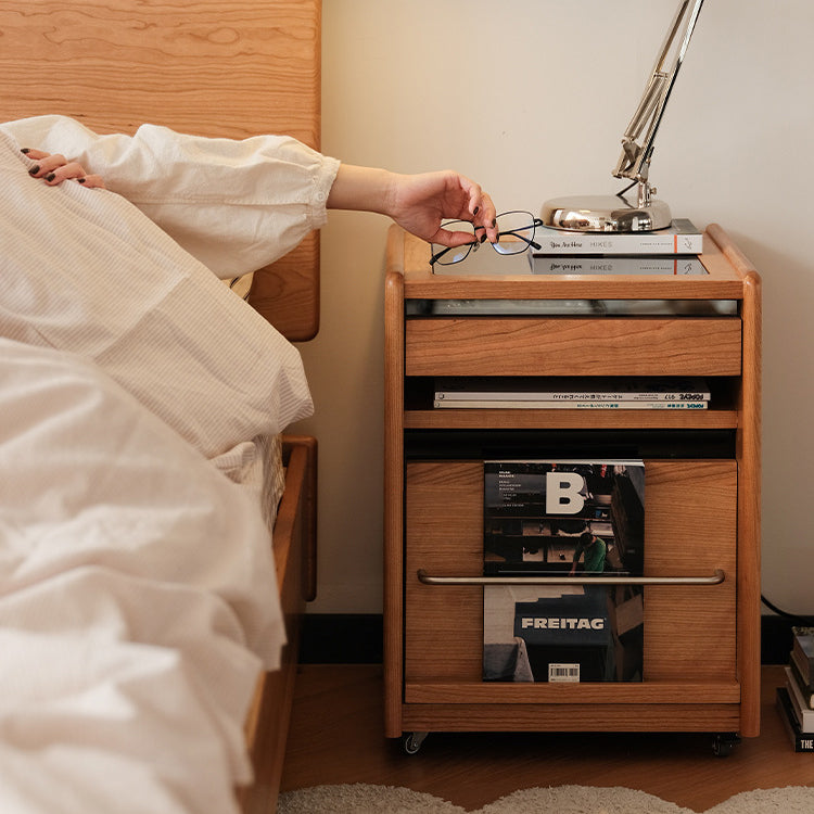 Traditional Japanese Cherry Wood & Stainless Steel Mobile Rectangular Nightstand 3-Tier For Bedroom