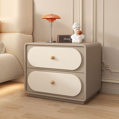 Modern Minimalist Solid Wood & Metal Oval Rounded Nightstand 2-Drawer For Bedroom