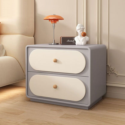 Modern Minimalist Solid Wood & Metal Oval Rounded Nightstand 2-Drawer For Bedroom
