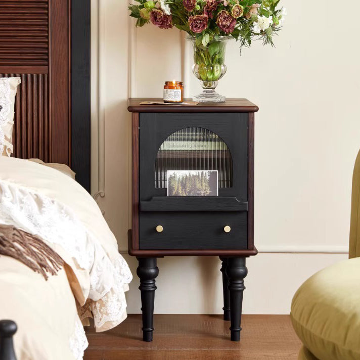 Traditional Vintage Ash Wood & Glass Round Square Textured Nightstand 1-Drawer For Bedroom