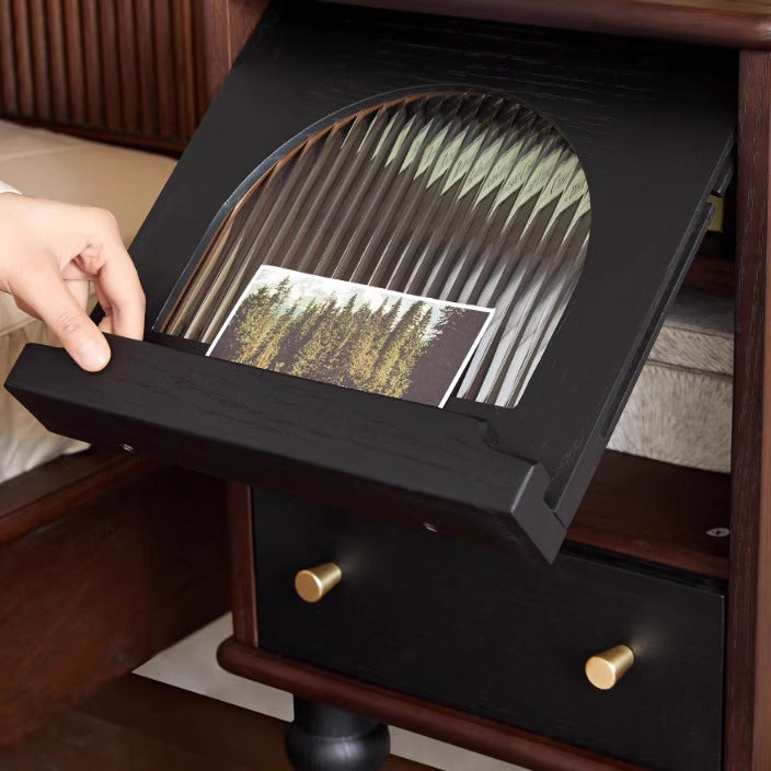 Traditional Vintage Ash Wood & Glass Round Square Textured Nightstand 1-Drawer For Bedroom