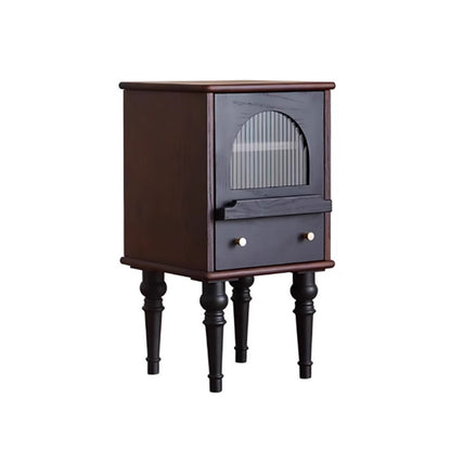 Traditional Vintage Ash Wood & Glass Round Square Textured Nightstand 1-Drawer For Bedroom