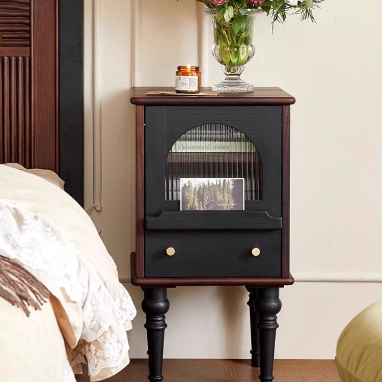 Traditional Vintage Ash Wood & Glass Round Square Textured Nightstand 1-Drawer For Bedroom