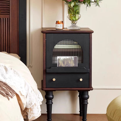 Traditional Vintage Ash Wood & Glass Round Square Textured Nightstand 1-Drawer For Bedroom