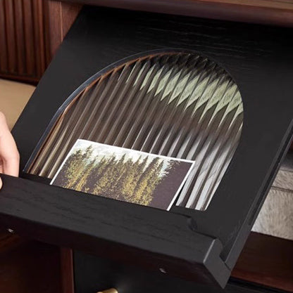 Traditional Vintage Ash Wood & Glass Round Square Textured Nightstand 1-Drawer For Bedroom