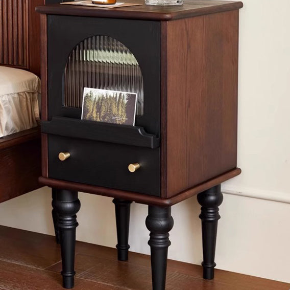 Traditional Vintage Ash Wood & Glass Round Square Textured Nightstand 1-Drawer For Bedroom