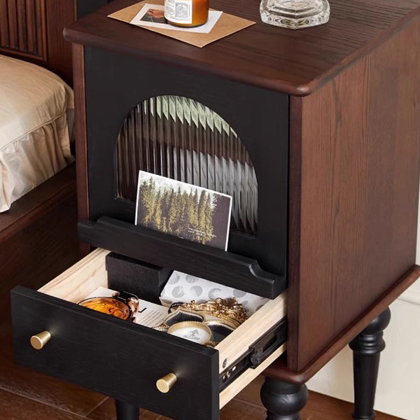 Traditional Vintage Ash Wood & Glass Round Square Textured Nightstand 1-Drawer For Bedroom