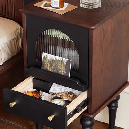 Traditional Vintage Ash Wood & Glass Round Square Textured Nightstand 1-Drawer For Bedroom
