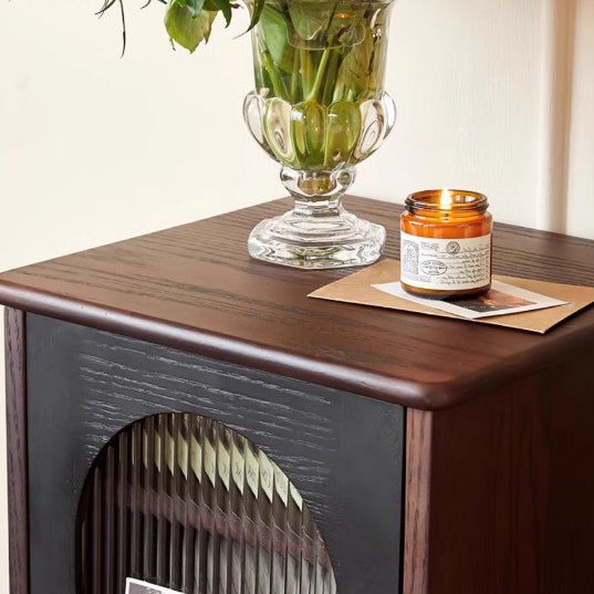 Traditional Vintage Ash Wood & Glass Round Square Textured Nightstand 1-Drawer For Bedroom