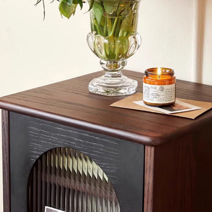 Traditional Vintage Ash Wood & Glass Round Square Textured Nightstand 1-Drawer For Bedroom