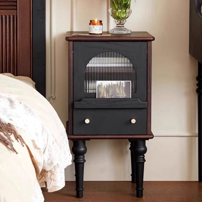 Traditional Vintage Ash Wood & Glass Round Square Textured Nightstand 1-Drawer For Bedroom