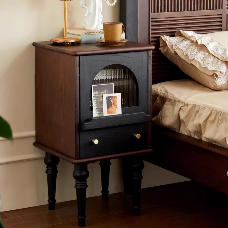 Traditional Vintage Ash Wood & Glass Round Square Textured Nightstand 1-Drawer For Bedroom