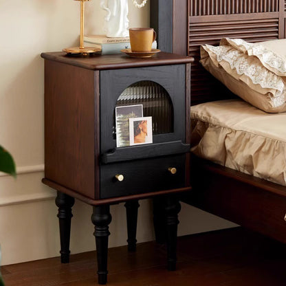 Traditional Vintage Ash Wood & Glass Round Square Textured Nightstand 1-Drawer For Bedroom