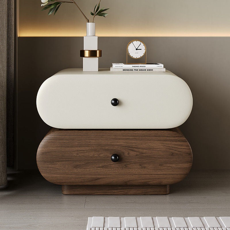 Contemporary Creative Faux Leather Solid Wood Metal Rounded Rectangular Oval Nightstand 2-Drawer For Bedroom