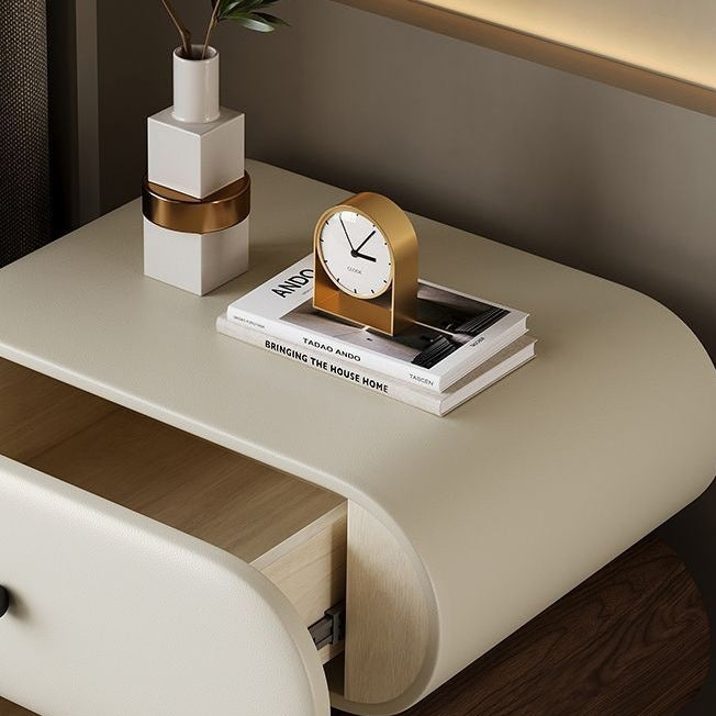 Contemporary Creative Faux Leather Solid Wood Metal Rounded Rectangular Oval Nightstand 2-Drawer For Bedroom