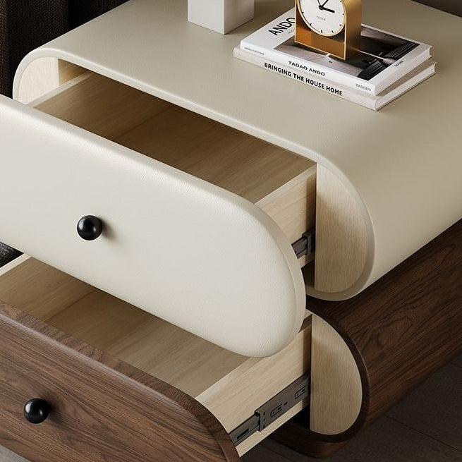 Contemporary Creative Faux Leather Solid Wood Metal Rounded Rectangular Oval Nightstand 2-Drawer For Bedroom
