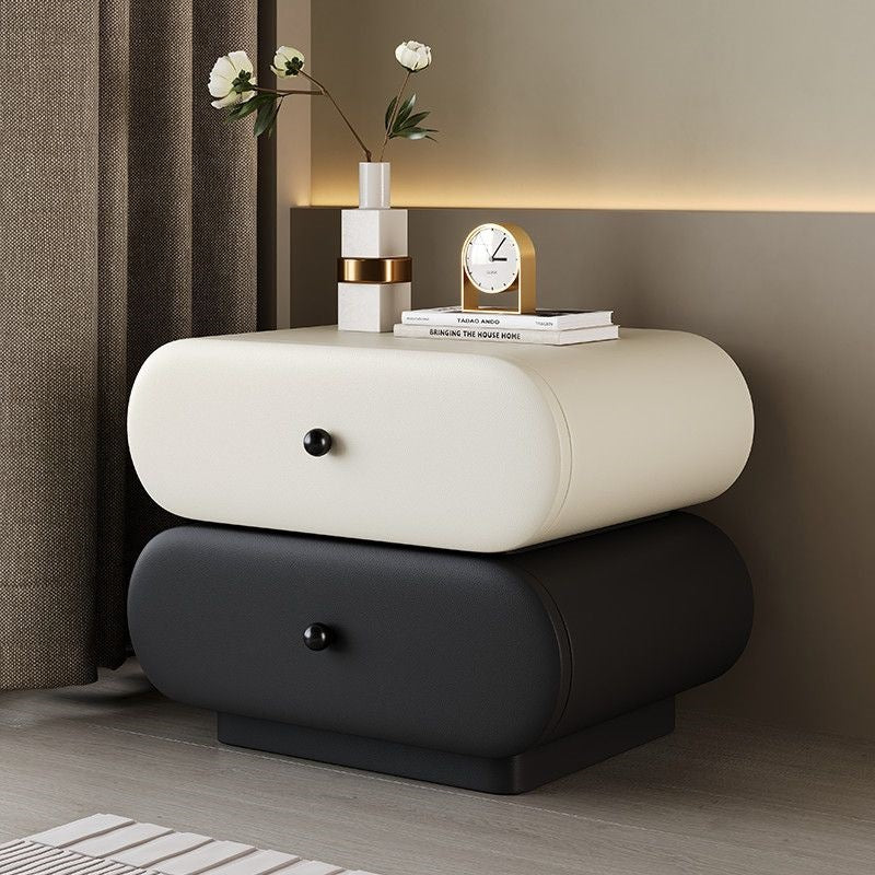 Contemporary Creative Faux Leather Solid Wood Metal Rounded Rectangular Oval Nightstand 2-Drawer For Bedroom