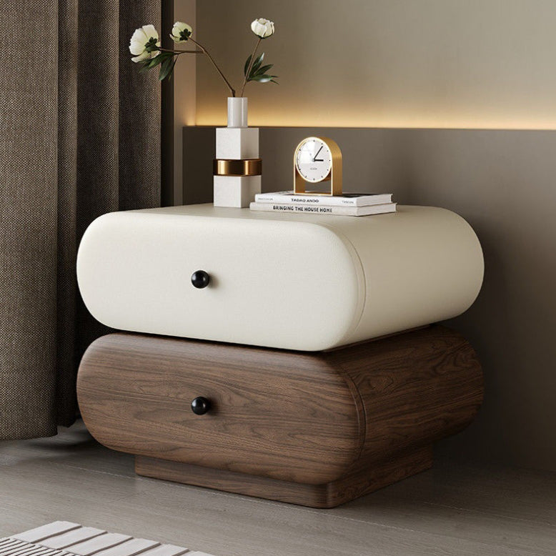 Contemporary Creative Faux Leather Solid Wood Metal Rounded Rectangular Oval Nightstand 2-Drawer For Bedroom