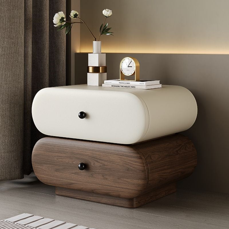 Contemporary Creative Faux Leather Solid Wood Metal Rounded Rectangular Oval Nightstand 2-Drawer For Bedroom