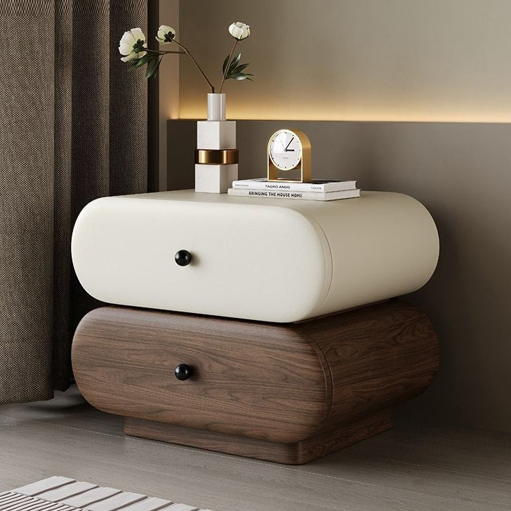 Contemporary Creative Faux Leather Solid Wood Metal Rounded Rectangular Oval Nightstand 2-Drawer For Bedroom