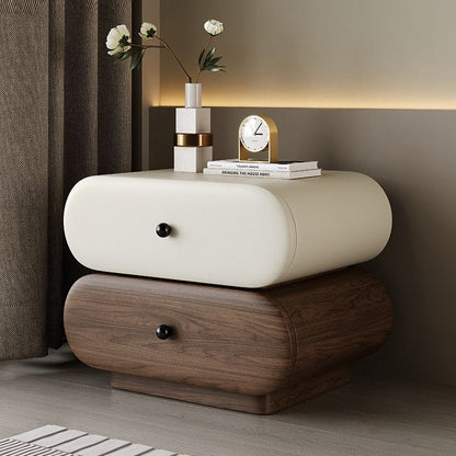 Contemporary Creative Faux Leather Solid Wood Metal Rounded Rectangular Oval Nightstand 2-Drawer For Bedroom