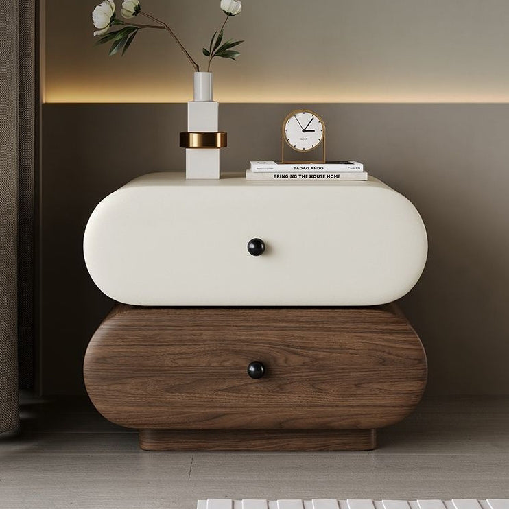 Contemporary Creative Faux Leather Solid Wood Metal Rounded Rectangular Oval Nightstand 2-Drawer For Bedroom