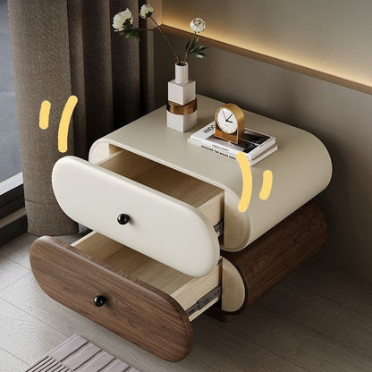 Contemporary Creative Faux Leather Solid Wood Metal Rounded Rectangular Oval Nightstand 2-Drawer For Bedroom