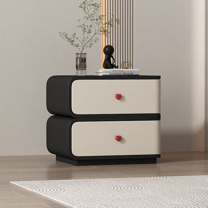 Contemporary Creative Faux Leather Solid Wood & Metal Curved Rectangular Nightstand 2-Drawer For Bedroom