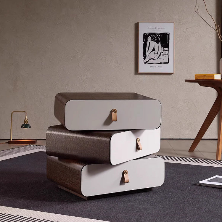 Contemporary Creative Engineered Wood & Solid Wood Stacked Rounded Nightstand 3-Drawer For Bedroom