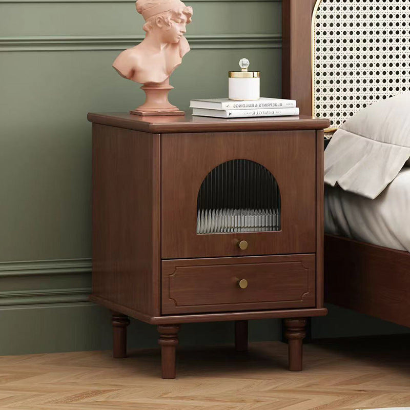 Traditional French Solid Wood Metal Glass Striped Square Nightstand 1-Drawer For Bedroom