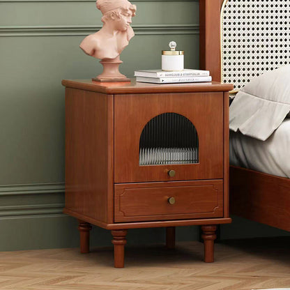 Traditional French Solid Wood Metal Glass Striped Square Nightstand 1-Drawer For Bedroom