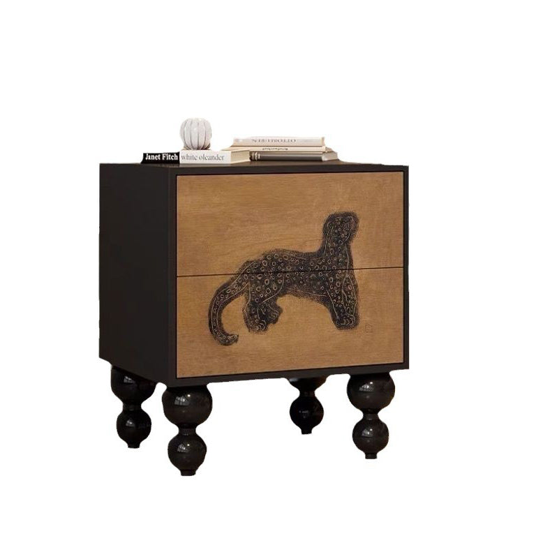Traditional French Solid Wood Rounded Square Ball Nightstand With 2 Drawers For Bedroom