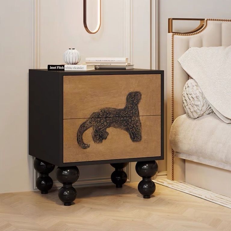 Traditional French Solid Wood Rounded Square Ball Nightstand With 2 Drawers For Bedroom