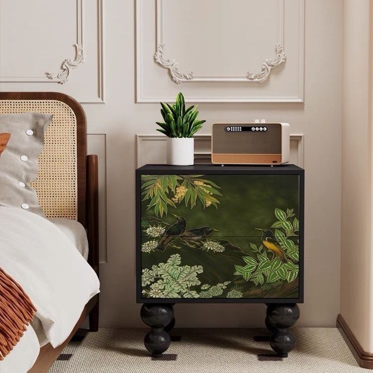 Traditional French Solid Wood Rounded Square Ball Nightstand With 2 Drawers For Bedroom