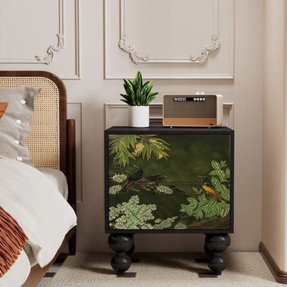 Traditional French Solid Wood Rounded Square Ball Nightstand With 2 Drawers For Bedroom