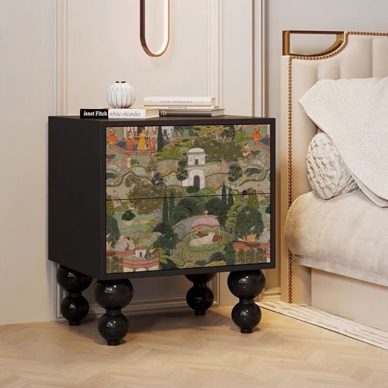 Traditional French Solid Wood Rounded Square Ball Nightstand With 2 Drawers For Bedroom