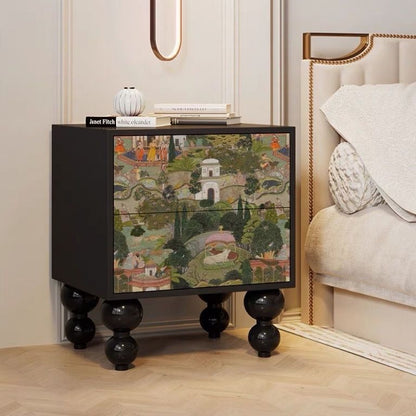 Traditional French Solid Wood Rounded Square Ball Nightstand With 2 Drawers For Bedroom