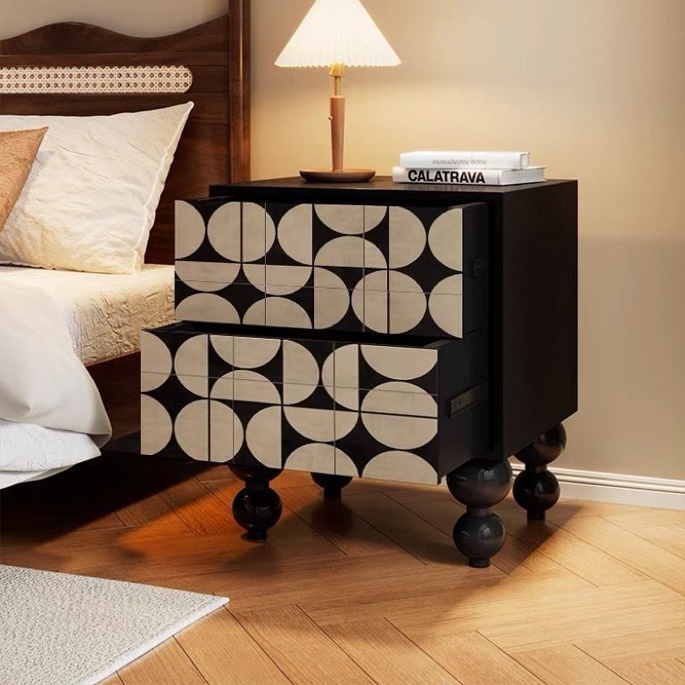 Traditional French Solid Wood Rounded Square Ball Nightstand With 2 Drawers For Bedroom