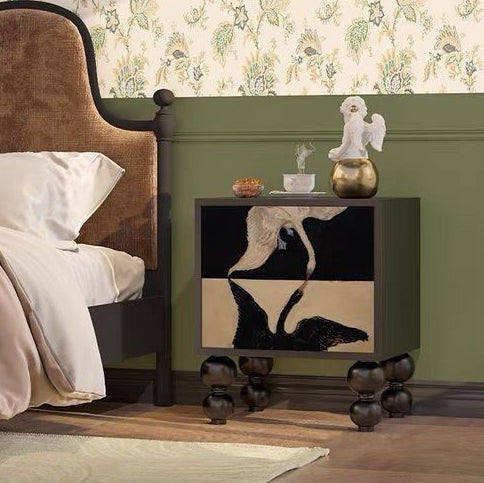 Traditional French Solid Wood Rounded Square Ball Nightstand With 2 Drawers For Bedroom