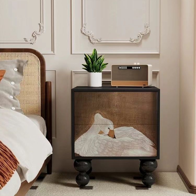 Traditional French Solid Wood Rounded Square Ball Nightstand With 2 Drawers For Bedroom