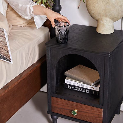 Traditional Vintage Solid Wood Metal Semi-Circular Rectangular Nightstand 1-Drawer For Bedroom