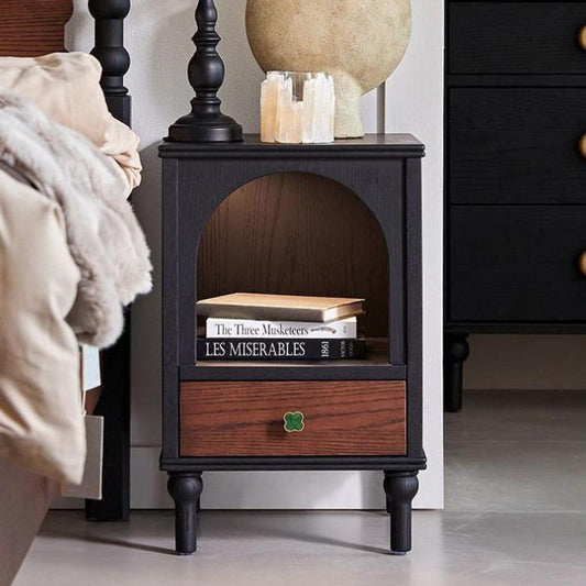 Traditional Vintage Solid Wood Metal Semi-Circular Rectangular Nightstand 1-Drawer For Bedroom