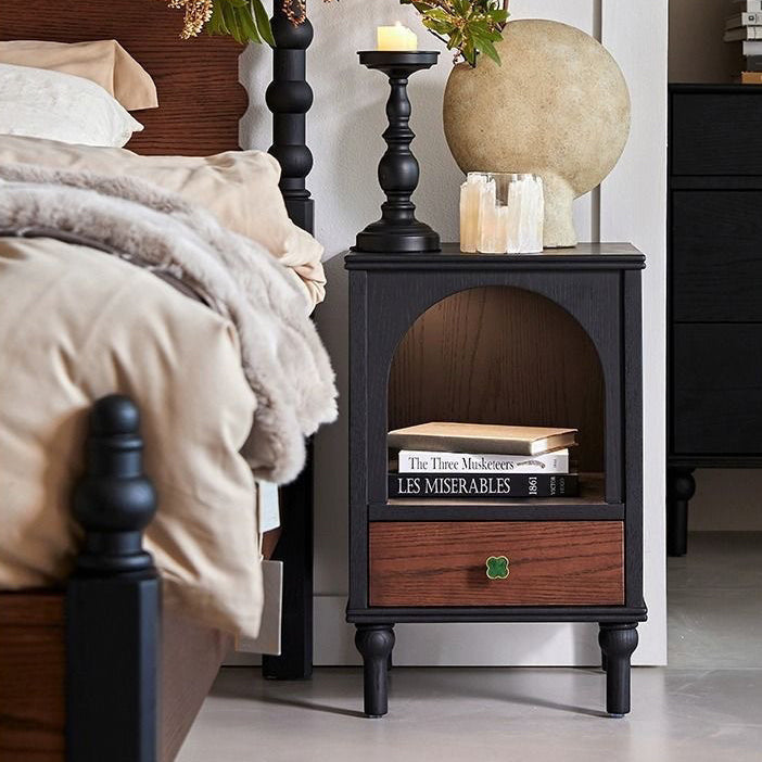 Traditional Vintage Solid Wood Metal Semi-Circular Rectangular Nightstand 1-Drawer For Bedroom
