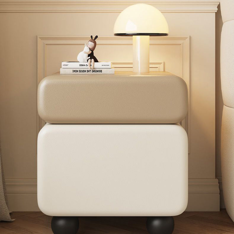 Traditional Chinese Faux Leather Solid Wood Rounded Square Nightstand 2-Drawer For Bedroom