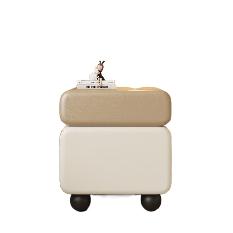 Traditional Chinese Faux Leather Solid Wood Rounded Square Nightstand 2-Drawer For Bedroom