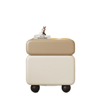 Traditional Chinese Faux Leather Solid Wood Rounded Square Nightstand 2-Drawer For Bedroom