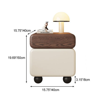 Traditional Chinese Faux Leather Solid Wood Rounded Square Nightstand 2-Drawer For Bedroom