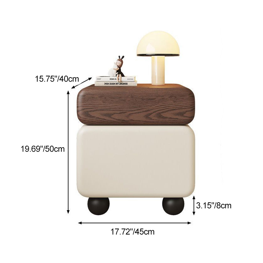 Traditional Chinese Faux Leather Solid Wood Rounded Square Nightstand 2-Drawer For Bedroom